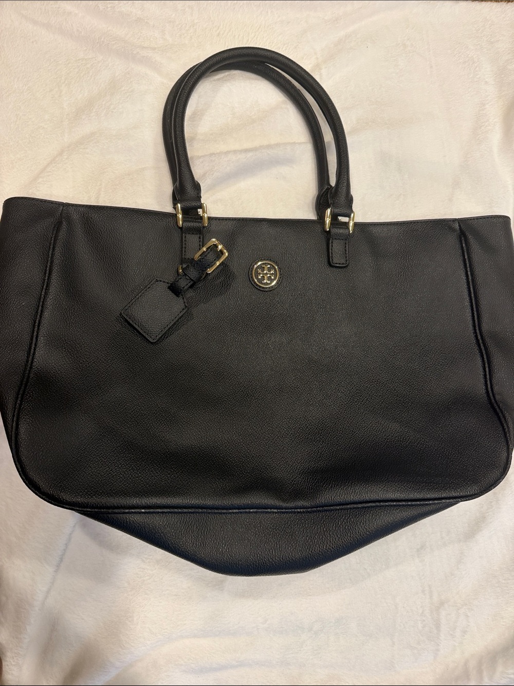 Tory Burch Black Pebbled Leather Tote with Logo Medallion
